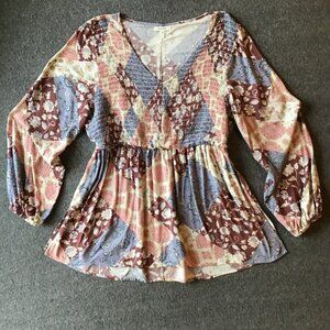 Maurices Floral Patchwork V-Neck Tunic Blouse Top Sz L